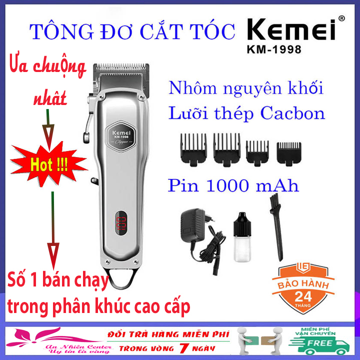 Tông đơ cắt tóc cao cấp Kemei 1998 thân nhôm nguyên khối, tăng đơ hớt tóc chuyên nghiệp không dây sạc pin đẳng cấp hơn tông đơ cắt tóc gia đình JC0817, codol ch531
