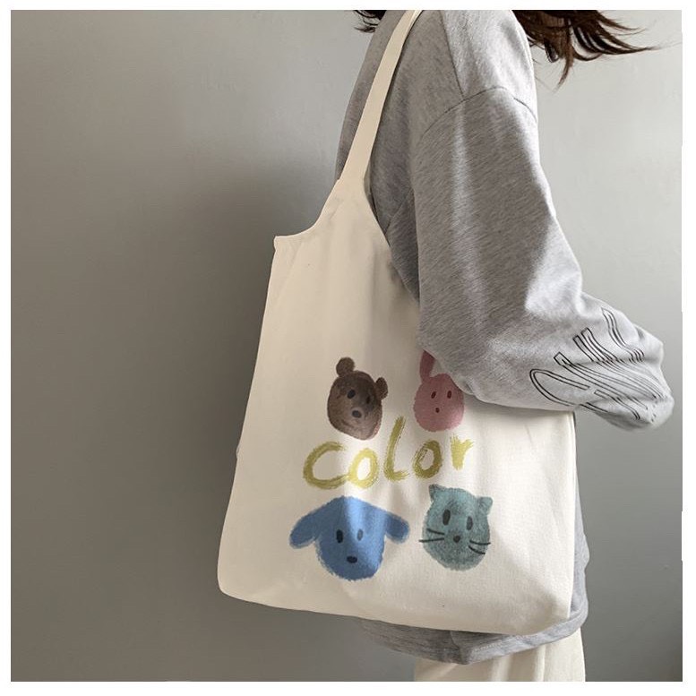 Túi vải Tote Vải Canvas Color họa tiết hình thú dễ thương siêu hot 2020