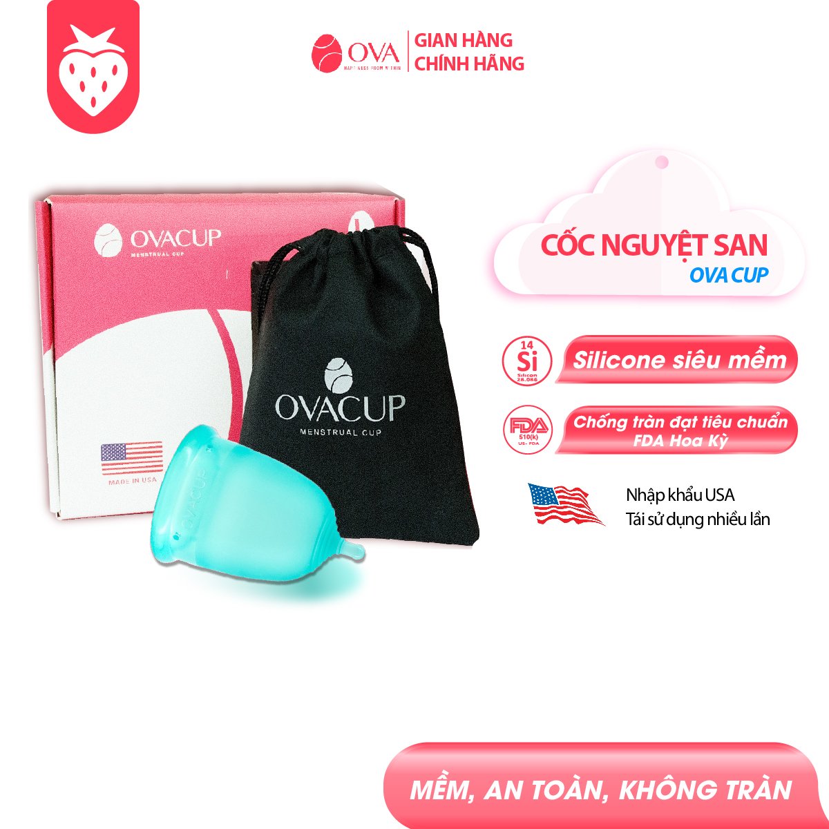 Cốc nguyệt san nhập khẩu chính hãng Ovacup Made In USA 100% Silicone y tế mềm chống tràn đạt tiêu chuẩn FDA Hoa Kỳ (màu xanh ngọc)