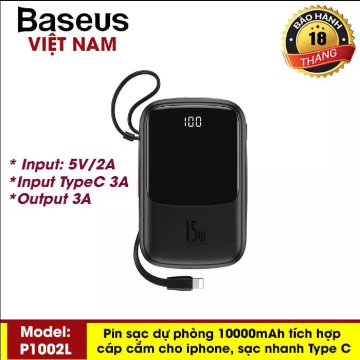 Pin sạc dự phòng BS-P1002L 10000mAh Power Bank 3A tích hợp cáp sạc Lightning cho Iphone đi kèm hỗ trợ sạc nhanh cổng USB kép - Phân phối bởi Baseus Vietnam