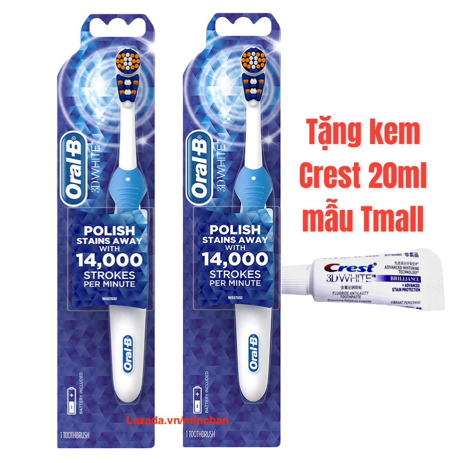 [HCM]Combo 02 Bàn chải đánh răng điện siêu bền Oral-B 3D White Action chạy pin AA - tặng kem đánh răng làm trắng răng Crest 3D White Brillance sample mẫu Tmall(chữ tiếng Trung)