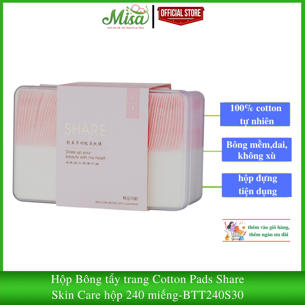 Bông tẩy trang Cotton Pads Share Skin Care hộp 240 miếng mền mịn,dai ,gồm 60 miếng bông tẩy trang hai lớp và 180 miếng bông chăm sóc da