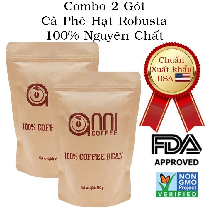 Cà phê Hạt Nguyên chất Robusta - Combo 2 Gói 500 gram - Hàng chuẩn xuất khẩu Mỹ - Cà phê Nguyên chất không tẩm phụ gia hóa chất độc hại - Chế biến rang mộc