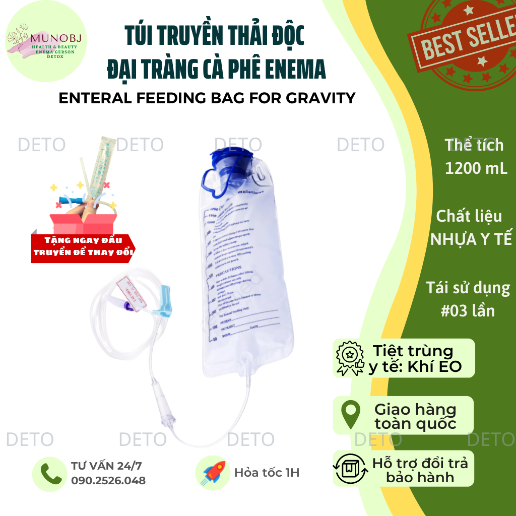 Túi truyền cà phê enema thải độc đại tràng, túi truyền dịch, túi truyền thụt tháo đại tràng Medical 1200ml coffee enema Gerson