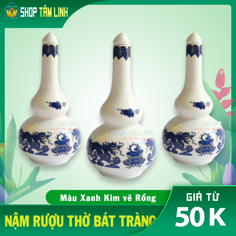 Nậm rượu Bát Tràng đồ thờ cúng đẹp men xanh kim vẽ vàng Shoptamlinh