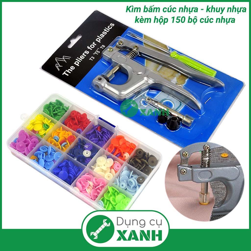Kìm bấm cúc nhựa 3 cỡ T3/T5/T8 kèm hộp 150 bộ cúc 15 màu
