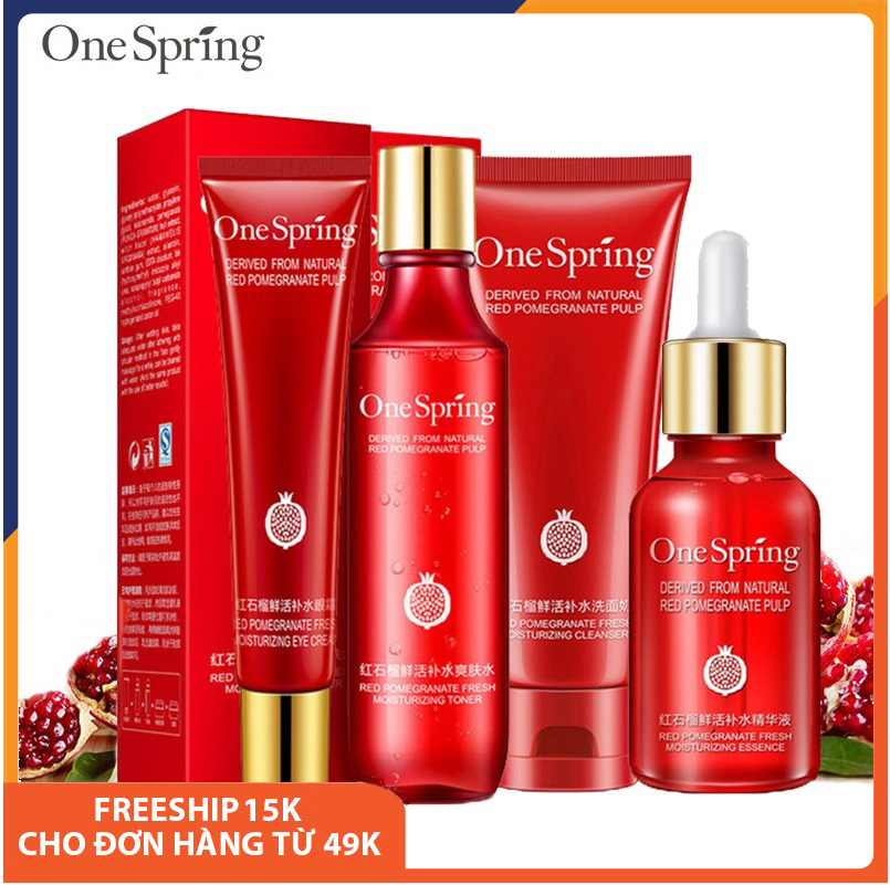 Set bộ mỹ phẩm chăm sóc, dưỡng trắng da mặt ONE SPRING 4 món: Sữa rửa mặt + Nước hoa hồng + Serum + Kem mắt cải thiện nếp nhăn, dưỡng ẩm, da sáng màu, làm săn và tăng độ đàn hồi, chống lão hóa, skincare SPU084