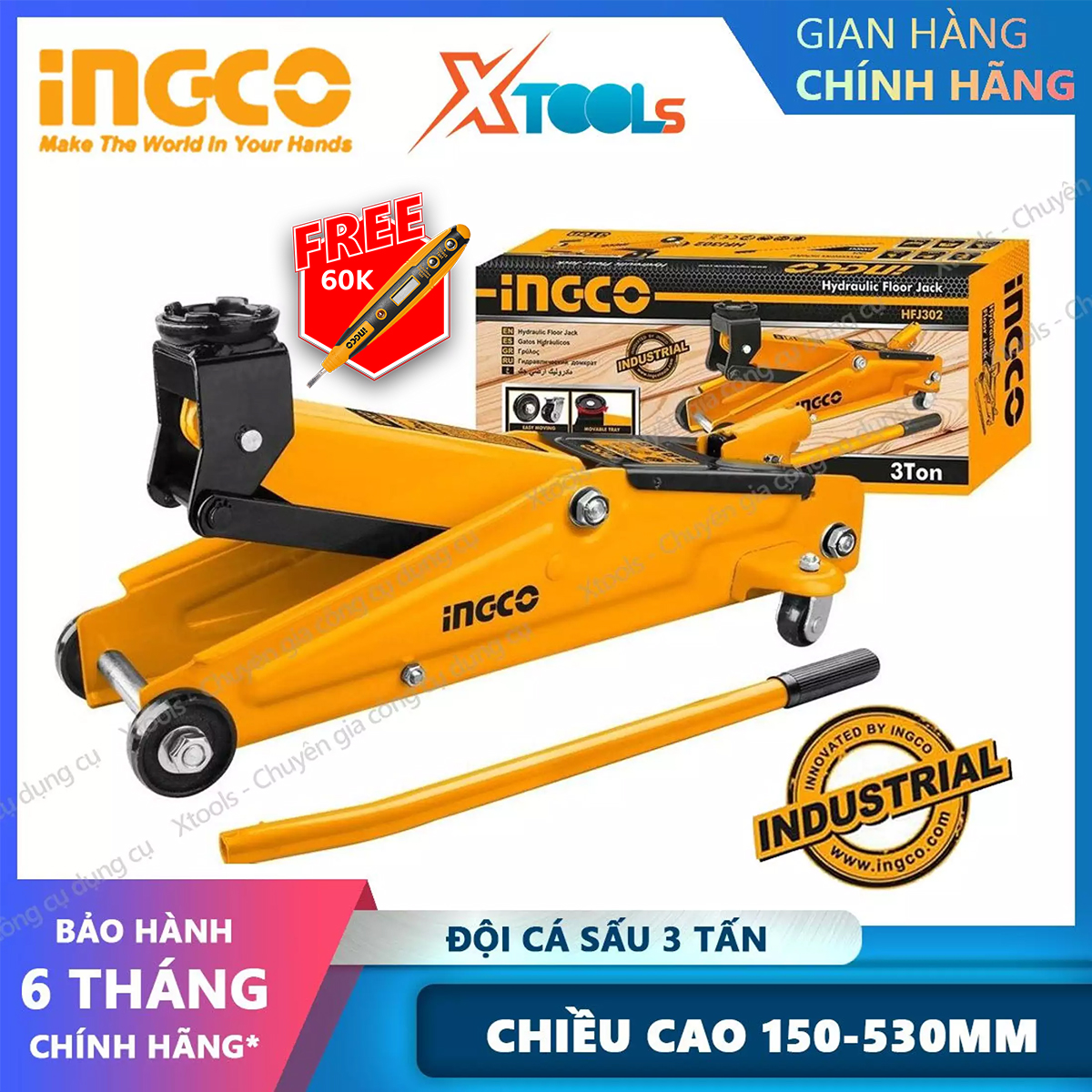 Đội cá sấu INGCO HFJ302 Con đội thủy lực cá sấu 3 tấn, Chiều cao tối thiểu 135 mm, Chiều cao tối đa 410 mm Chiều dài di chuyển 275 mm