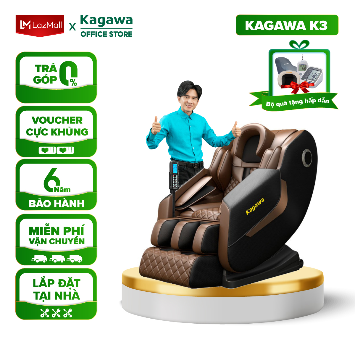 Ghế massage toàn thân Kagawa K3 [CAO CẤP]Bảo Hành 6 năm, đổi trả miễn phí trong 15 ngày, con lăn 3D hỗ trợ phục hồi đau mỏi cột sống, công nghệ túi khí, nhiệt hồng ngoại Nhật Bản