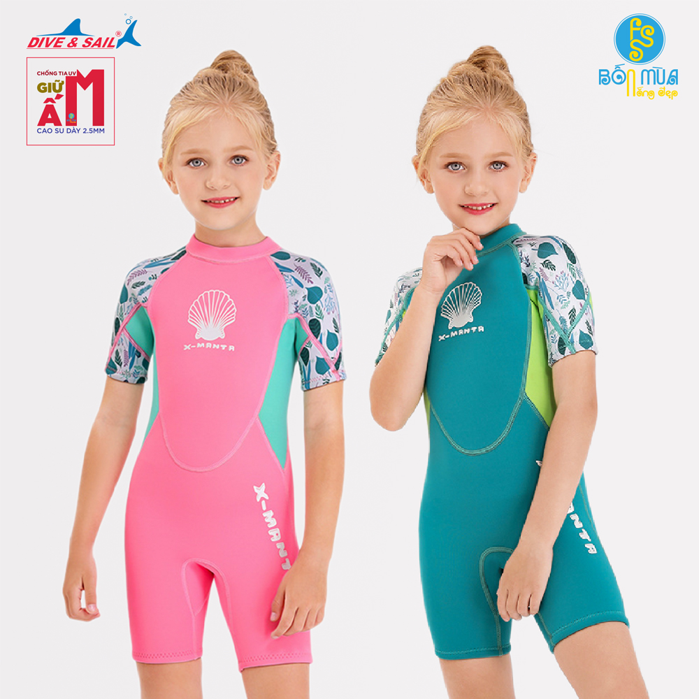 Đồ bơi giữ nhiệt bé gái hiệu DIVE AND SAIL, chất liệu cao su dày 2.5mm giữ ấm, chỉ số UPF50 chống nắng ngăn tia UV hiệu quả size cho bé từ 10kg đến 30kg độ tuổi từ 2 tuổi đến 8 tuổi bé được tự do bơi lội dưới nước