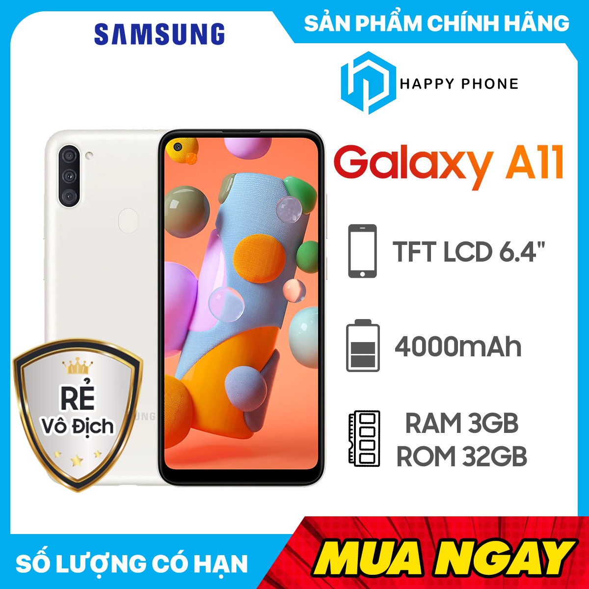 Điện Thoại Samsung Galaxy A11 ROM 32GB RAM 3GB - Hàng chính hãng, Mới 100%, Nguyên seal, Bảo hành 12 tháng [Điện thoại giá rẻ]