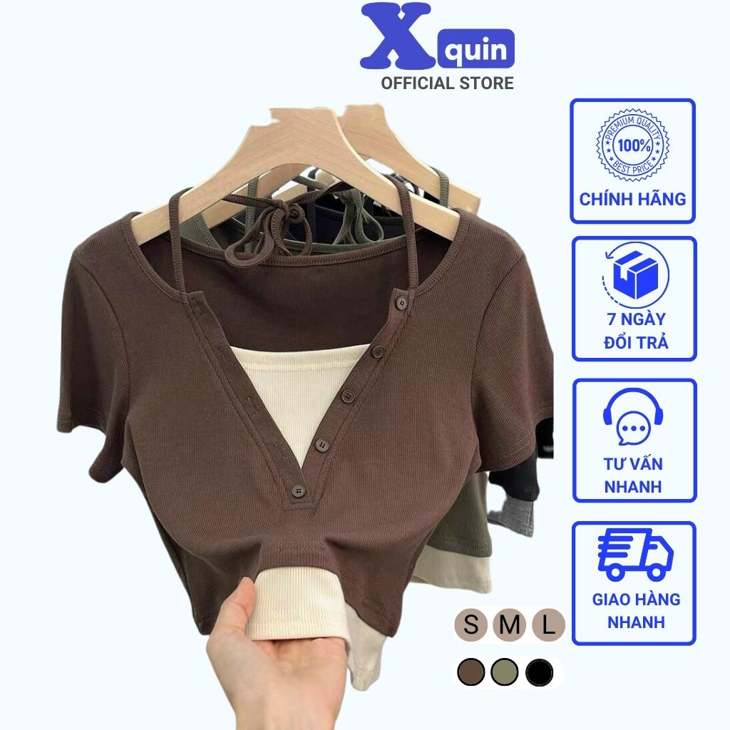 Áo croptop nữ ngắn tay cổ giả yếm phối màu độc đáo Xquin, Áo kiểu nữ cổ phối nút giả yếm ôm body cực xinh