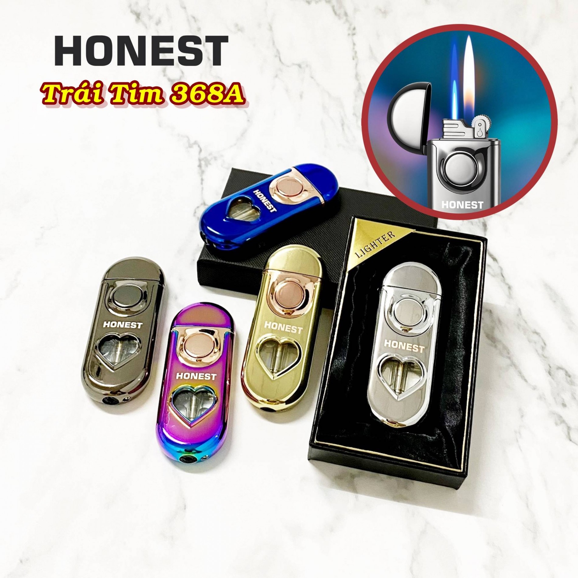 Bật lửa honest 2 chế độ lửa - gas lộ thiên có đèn hình trái tim 368a -