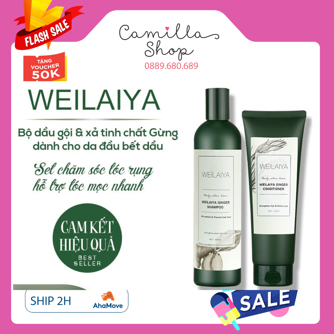 Cặp dầu gội xả gừng tem trắng WEILAIYA GINGER SHAMPOO & CONDITIONER giúp giảm rụng tóc kích thích mọc tóc nhanh