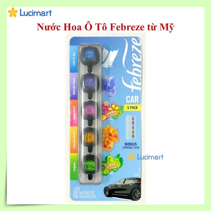 Nước hoa ô tô nước hoa xe hơi từ USA Febreze Air Freshener Car Vent Clips vỉ 5 mùi [Hàng Mỹ]