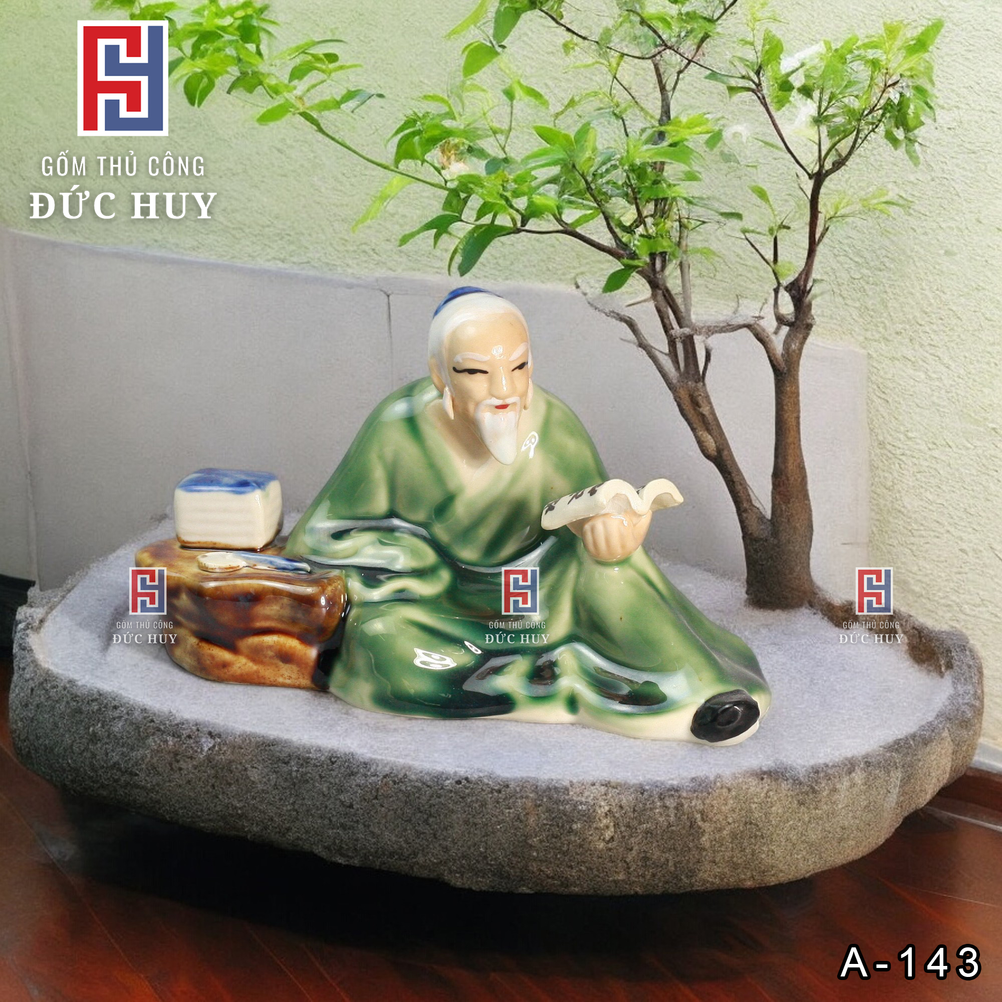 Tượng gốm lão ông đọc sách trang trí hòn non bộ mini đẹp