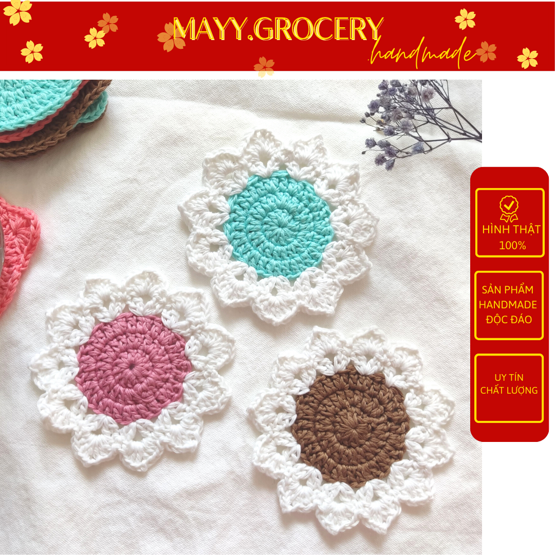 Đế lót cốc, miếng lót ly thấm nước hình hoa cúc handmade từ vải len nhiều màu xinh xắn