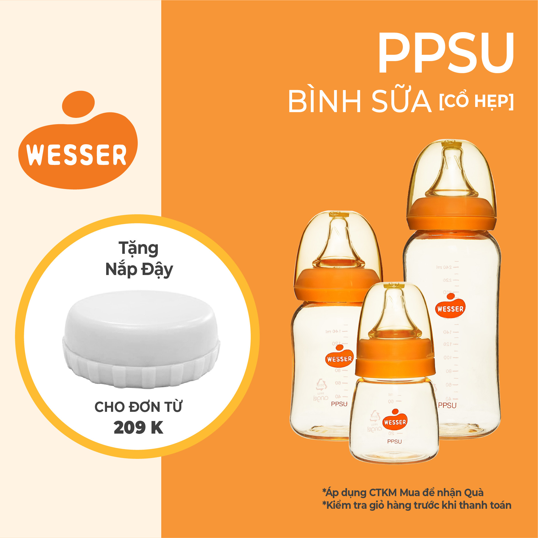 Bình sữa cổ hẹp PPSU Wesser 60ml/140ml/250ml ( BAO BÌ MỚI )