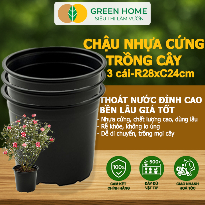 Bộ 3 Chậu nhựa trồng cây Greenhome, Nhiều kích thước, nhựa cứng, Thoát nước tốt, Đa dạng kích thước trồng cây, Hoa, Kiểng lá