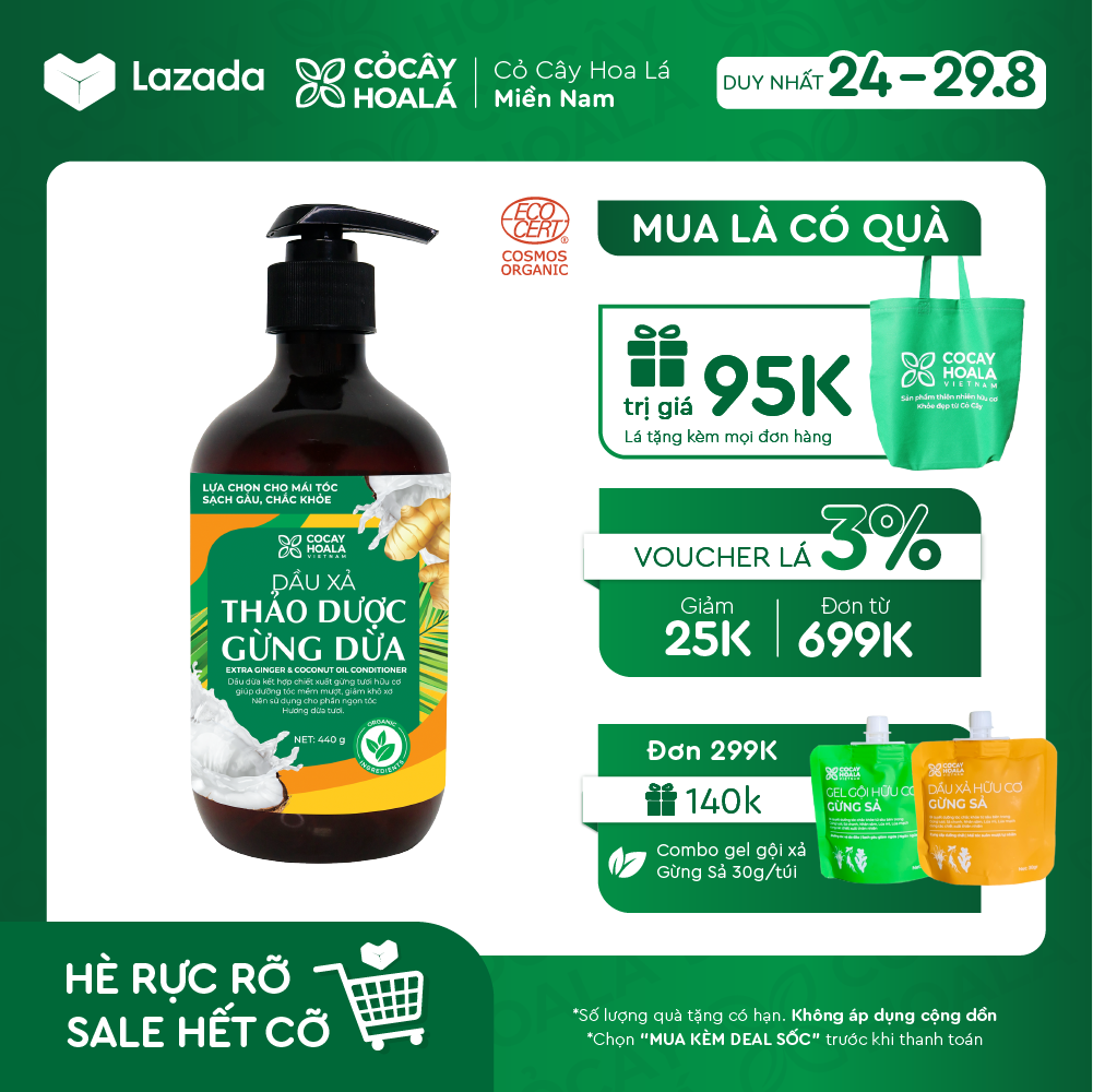 Dầu xả thảo dược gừng dừa Cocayhoala mềm mượt tóc, dưỡng tóc, phục hồi hư tổn dung tích 440g -95%thành phần từ gừng tươi hữu cơ còn nguyên xơ gừng an toàn cho mẹ bầu mẹ sau sinh- Hàng chính hãng