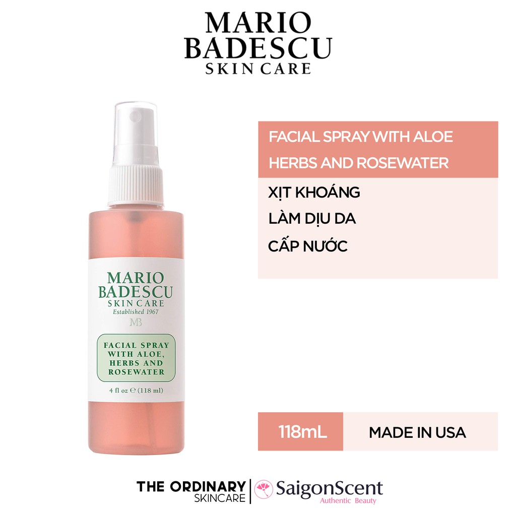 Xịt khoáng Mario Badescu / Facial Spray with Aloe & Herbs and Rosewater