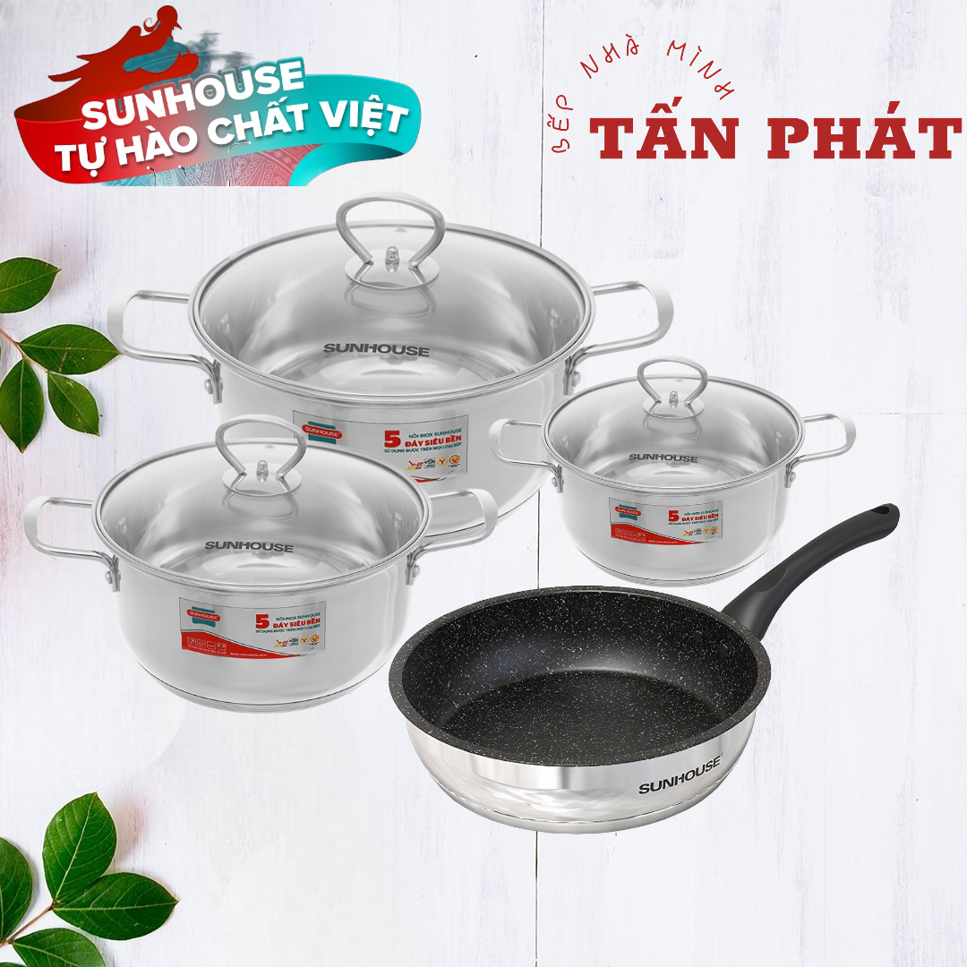 Bộ 3 nồi 1 chảo inox 5 đáy sunhouse dùng trên mọi loại bếp
