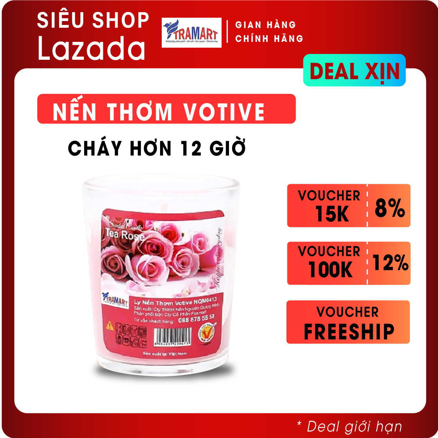 Nến thơm phòng ngủ thư giãn votive Miss Candle FTRAMART NQM0413 Tea Rose (Hương hoa hồng) nến không khói sử dụng trang trí nhà cưa