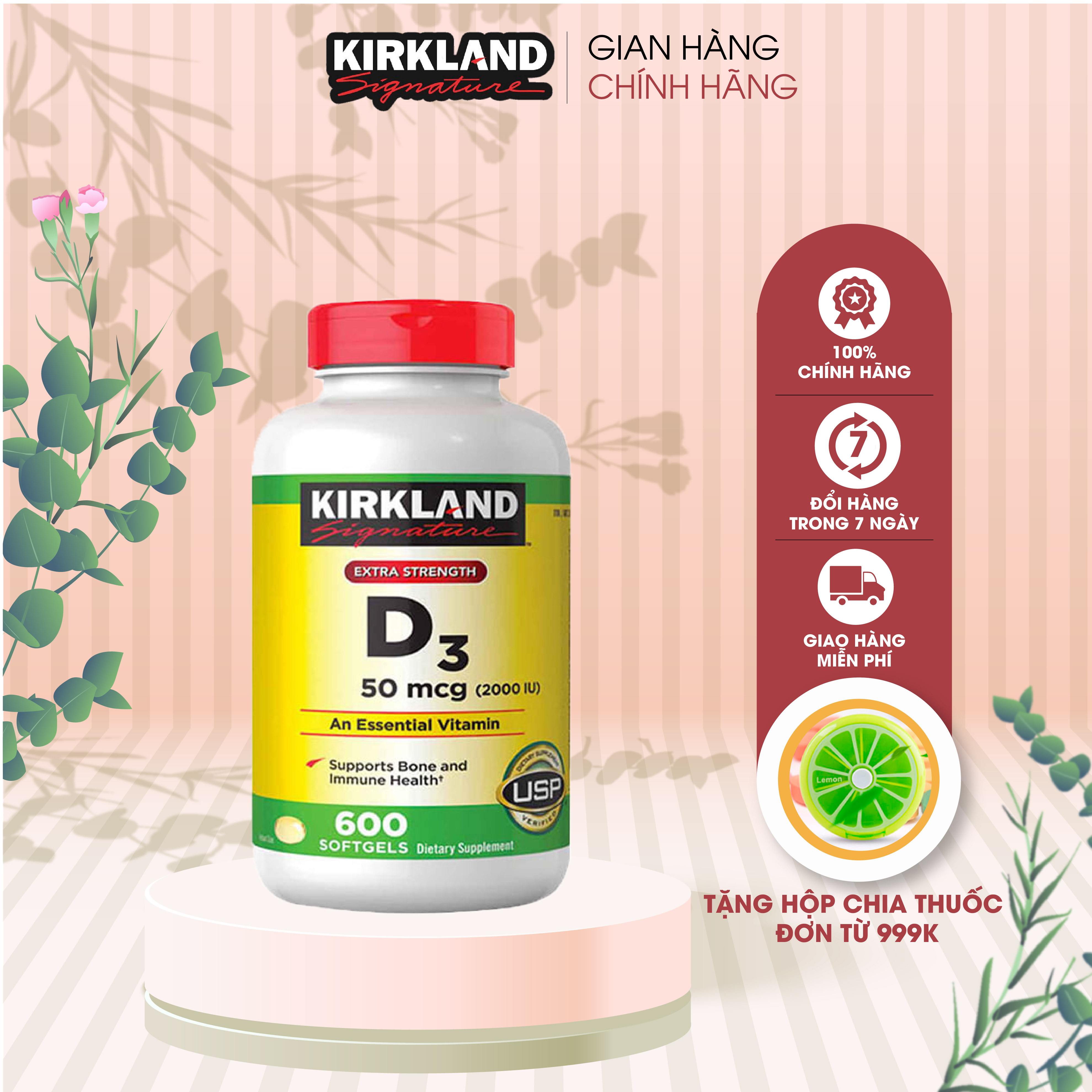 Viên uống Kirkland Signature Vitamin D3 2000IU bổ sung vitamin D3 600 viên