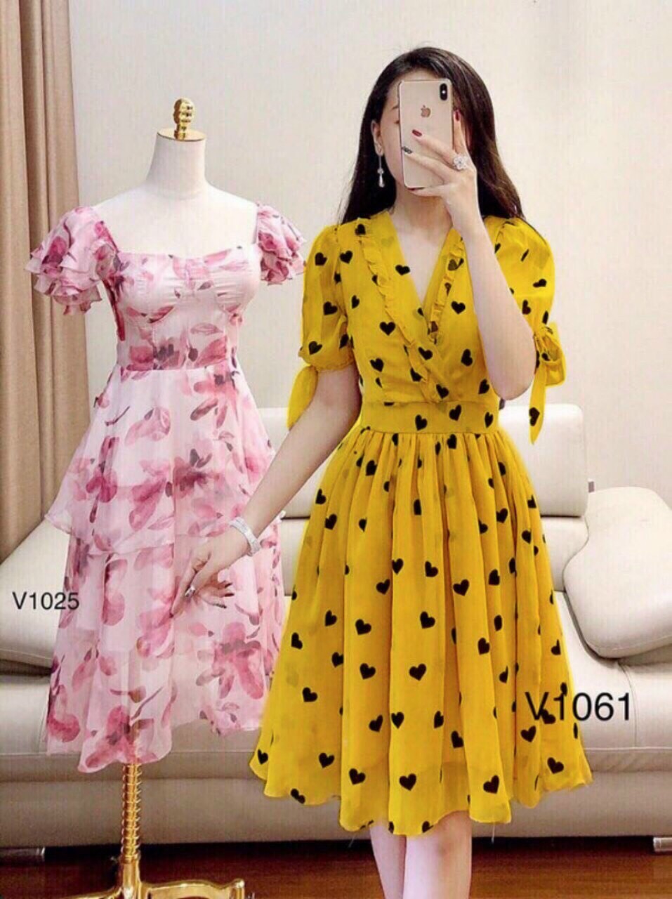 Đầm xòe tay búp họa tiết trái tim cực xinh #damxoetraitim