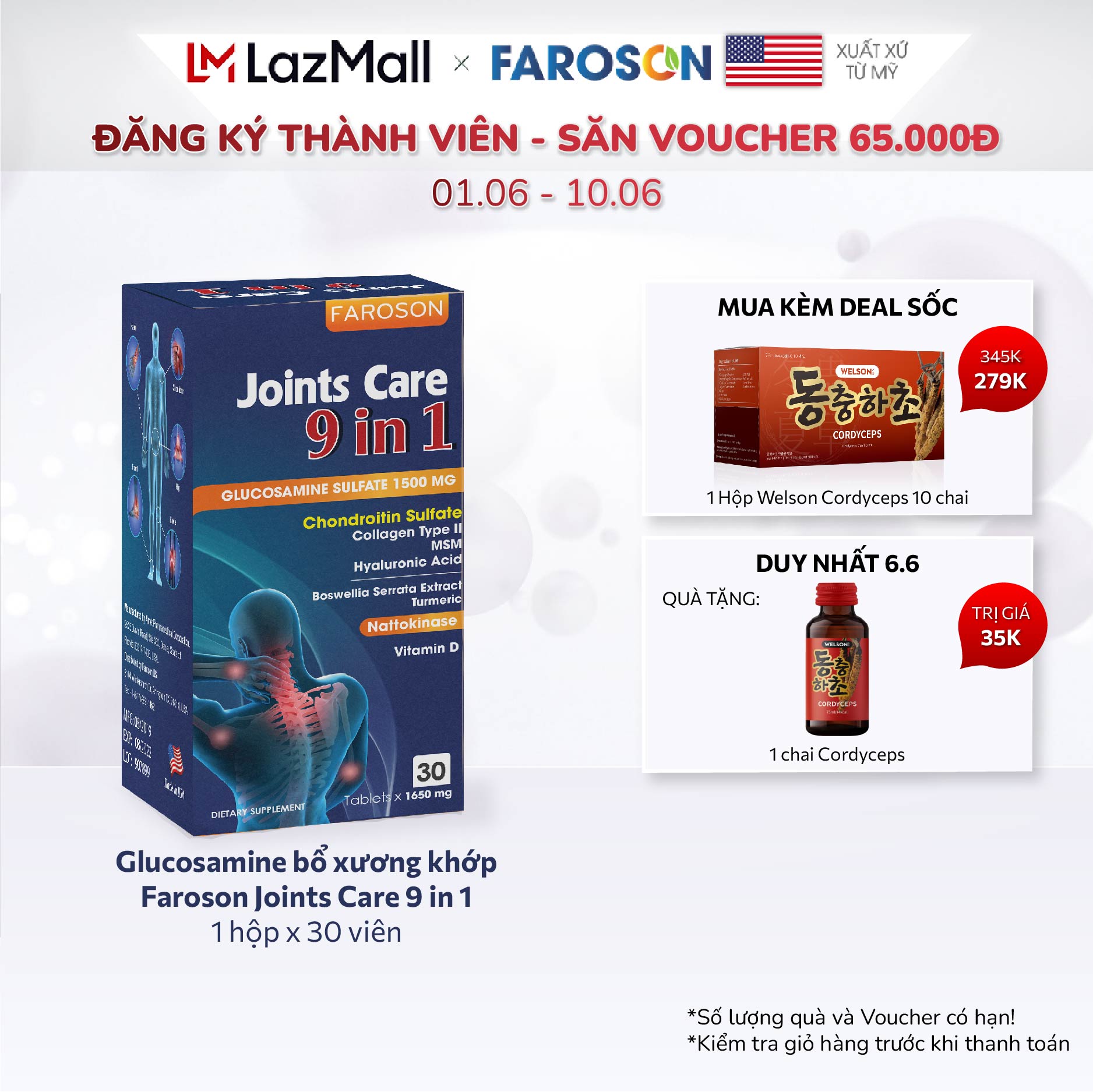 Glucosamine bổ xương khớp Faroson Joints Care 9 in 1 hộp 30 viên