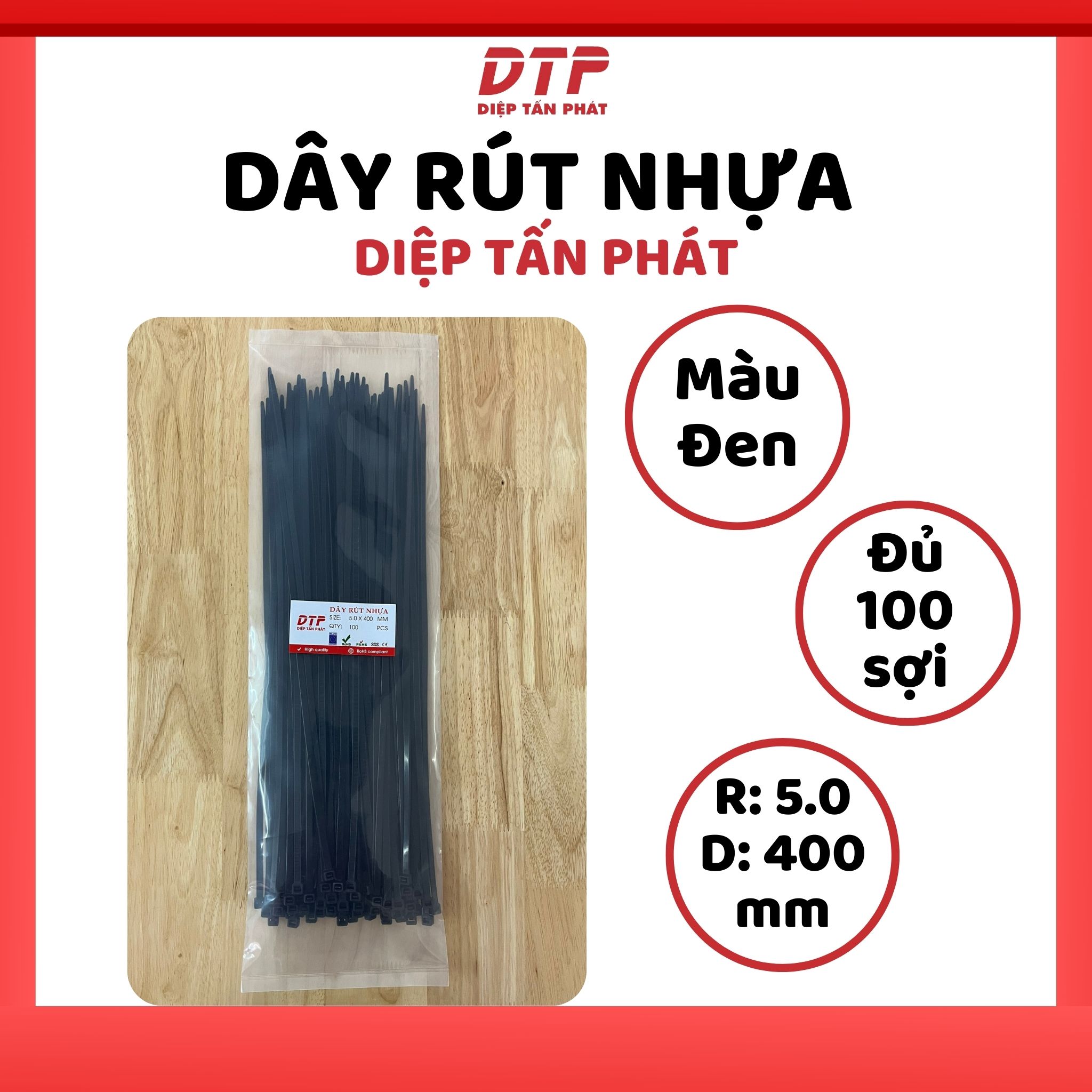 Túi 100 sợi dây rút nhựa diệp tấn phát: màu trắng/đen - 5.0x400mm