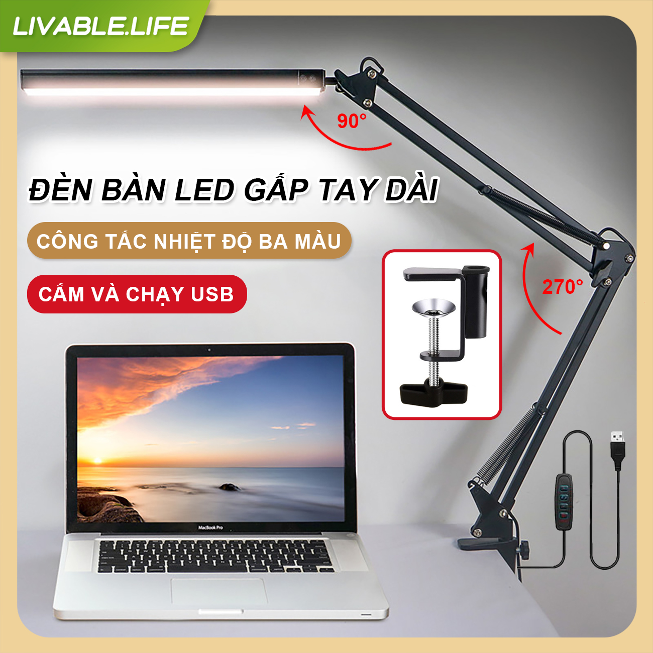 Đèn bàn học tập gập cánh tay dài Đèn LED chiếu sáng để bàn Đèn kẹp Đèn LED Kẹp Bàn Linh Hoạt Có Thể Điều Chỉnh 10 độ sáng độ sáng đổi 3 màu