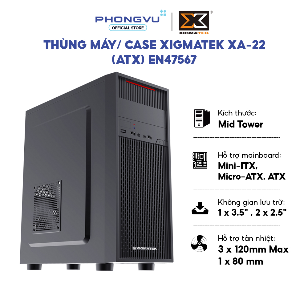 Case máy tính Xigmatek XA-22 (EN47567) - Đen - Mid Tower - Hỗ trợ Main AT - Bảo Hành 12 Tháng