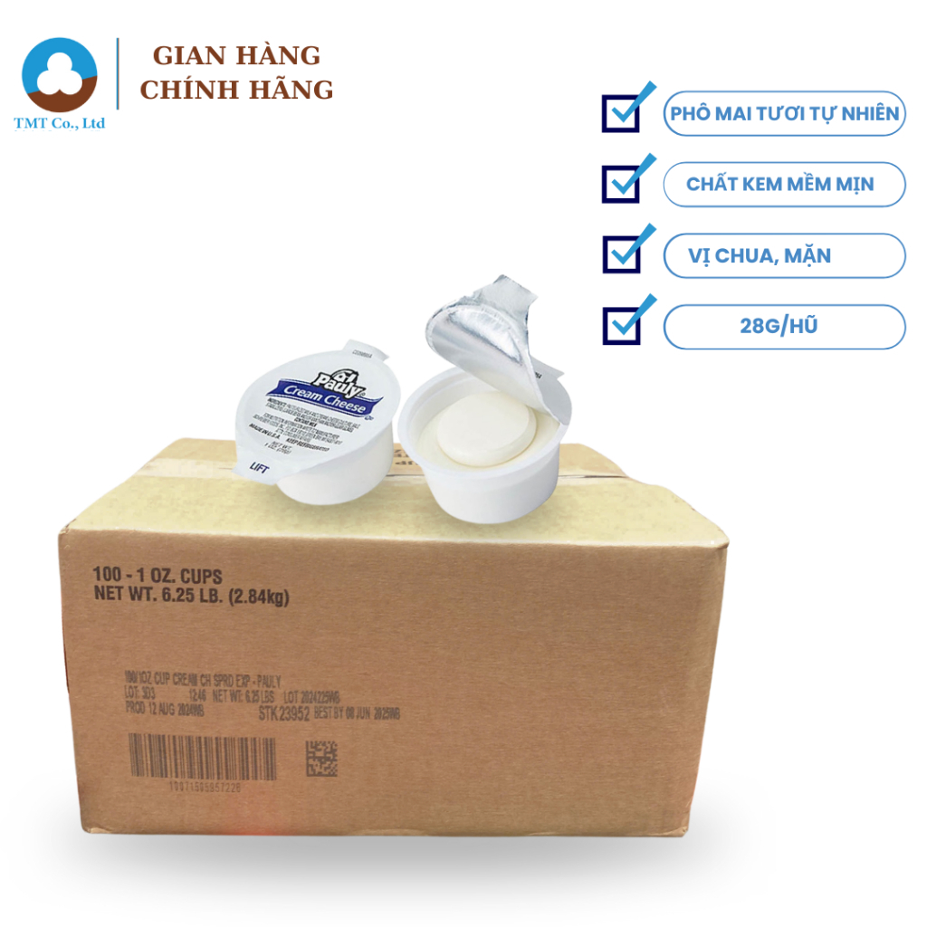 Thùng 100 hũ Phô mai kem Pauly Cream Cheese 28g /hũ nhập khẩu Mỹ