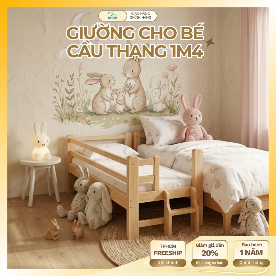 Giường Ghép Gỗ Có Cầu Thang 1m4 Cho Bé Ngủ Riêng Mẫu Đẹp Chống Ngã Dành Cho Gia Đình Có Con Nhỏ