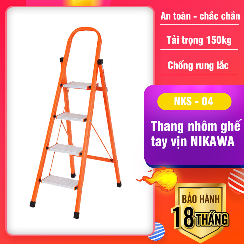 Thang nhôm ghế Nikawa thang gia đình Chắc chắn Gấp gọn Tiết kiệm diện tích cất trữ Bậc thang to Chống trơn trượt 4-6 bậc Bảo hành 18 tháng NKS