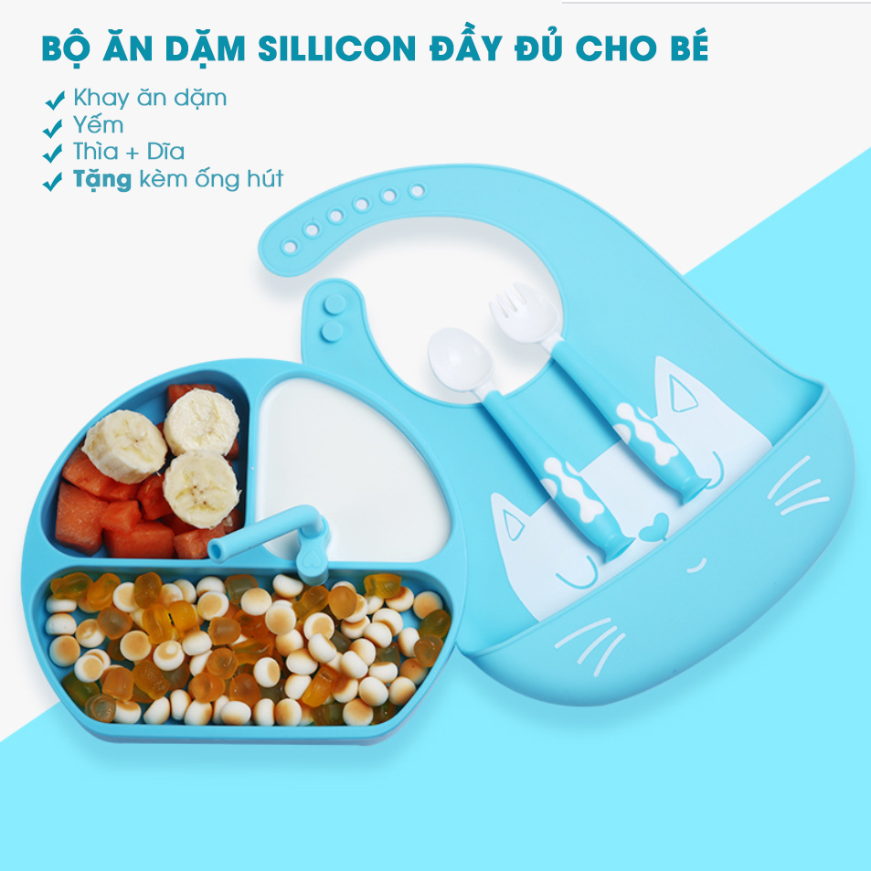 Khay ăn dặm Silicon Cao Cấp cho bé có đế hút chân không, chống đổ, chịu nhiệt. Bộ sản phẩm ăn dặm đầ