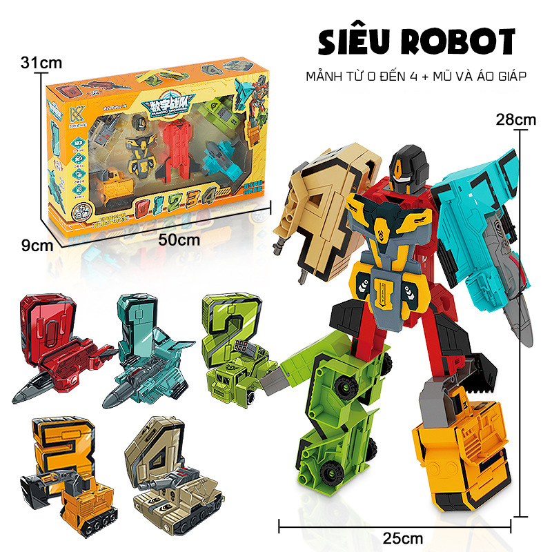 Bộ Đồ Chơi Robot Biến Hình Theo Chữ Số 0-4 Lắp Ghép Thành Siêu Robot