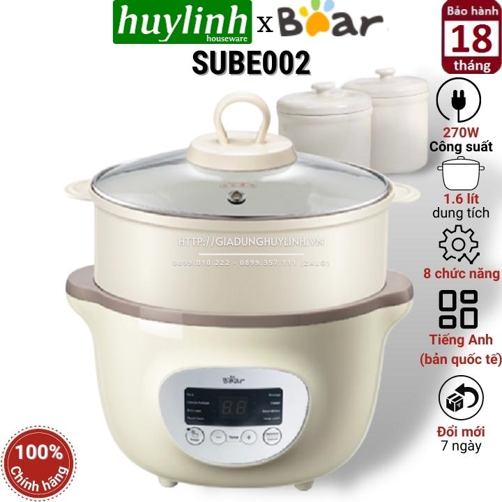 Nồi nấu chậm, chưng yến, nấu cách thuỷ bear sube002 - 1.6 lít - kèm xửng hấp + 2 thố 0.5 lít