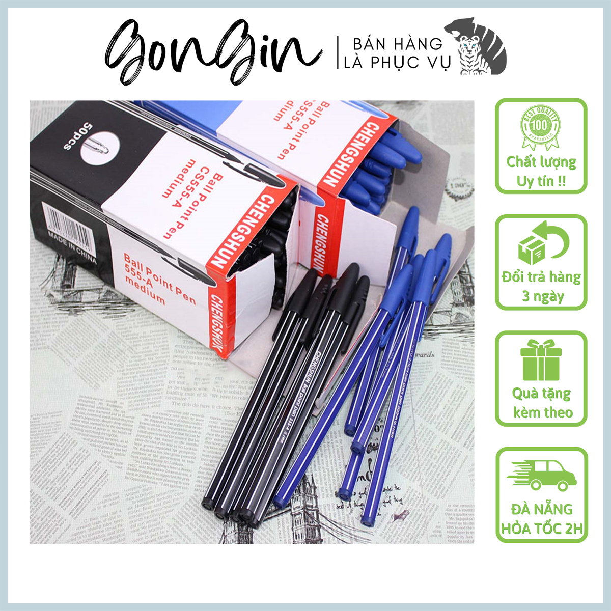 Bút bi có nắp màu xanh đen ngòi 0.7 mm văn phòng phẩm GonGin