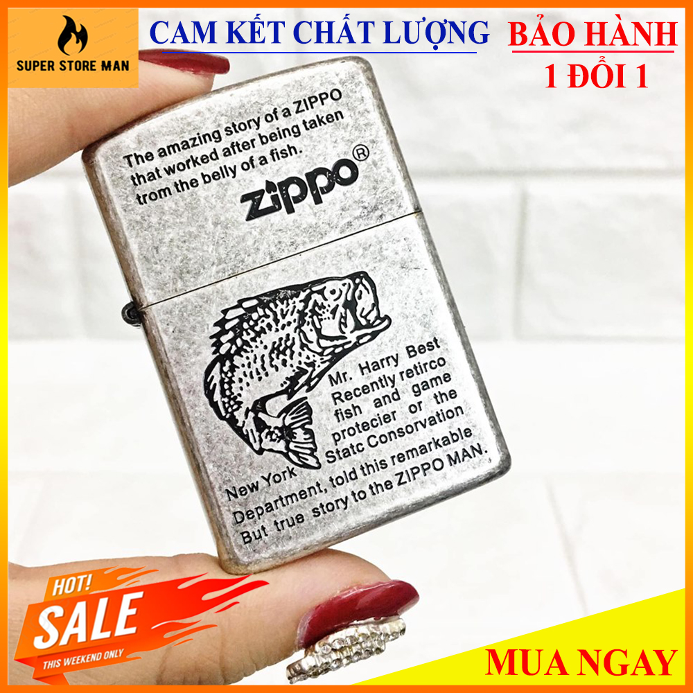 [HÀNG HIẾM] – Bật Lửa, Hộp Quẹt Zipp0 Mỹ – Made In USA Cao Cấp – Bạc Cổ *CÁ PIRANHA* - Có TEM Đỏ  – Hàng Xịn Full Box Cực Chất