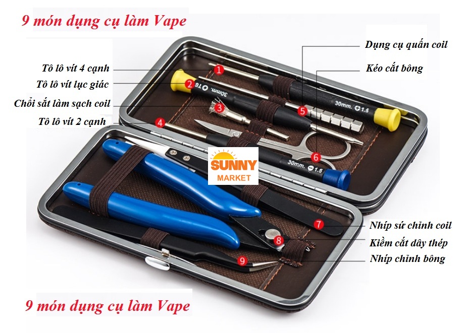 Tool Bộ Full Dụng Cụ Build Coil Vapswarm Bug V3 Cao Cấp - 9 Món (kèm hộp da)