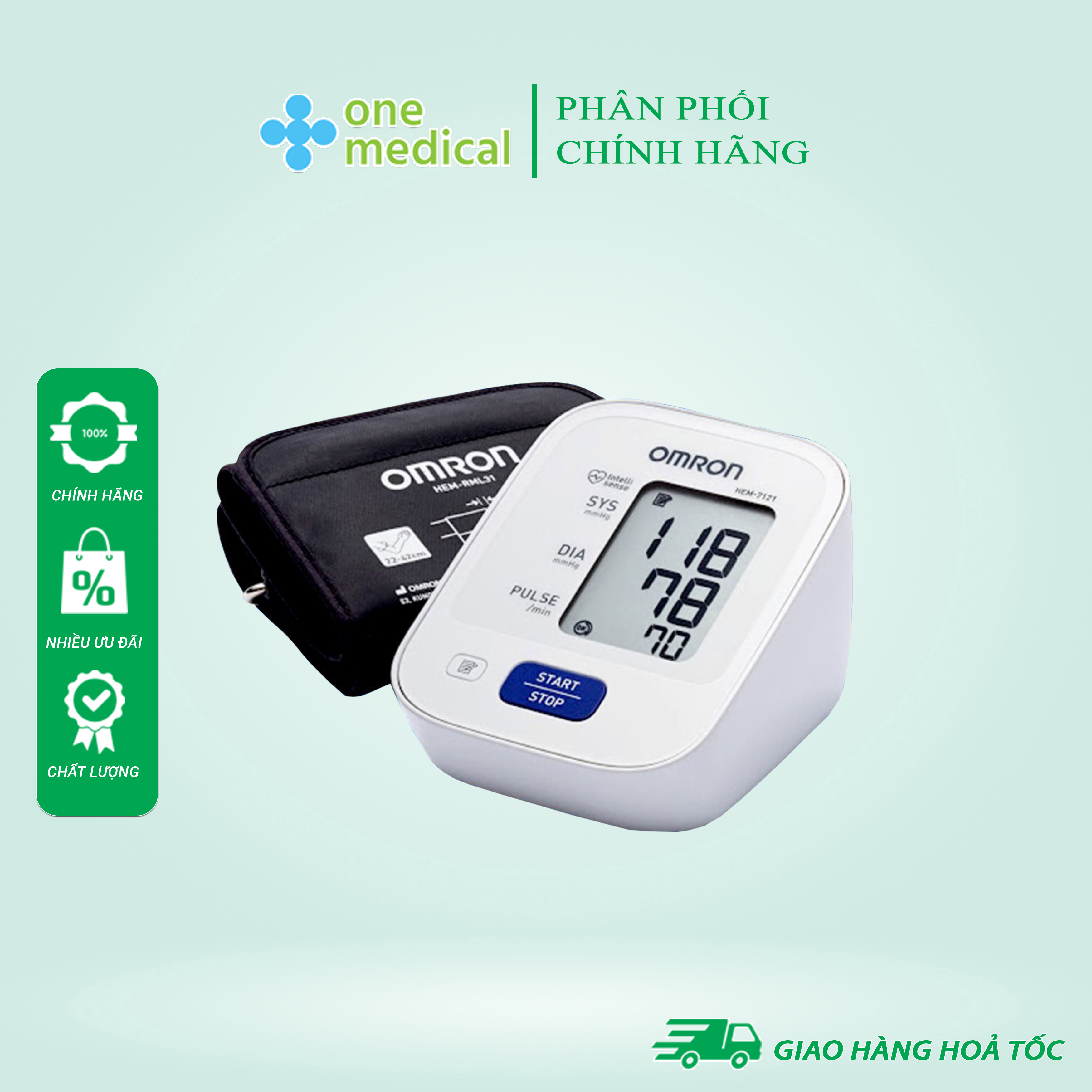 Máy đo huyết áp omron hem-7121 công nghệ intellisense đo tự động bắp tay lưu trữ kết quả 30 lần đo, bảo hành 5 năm