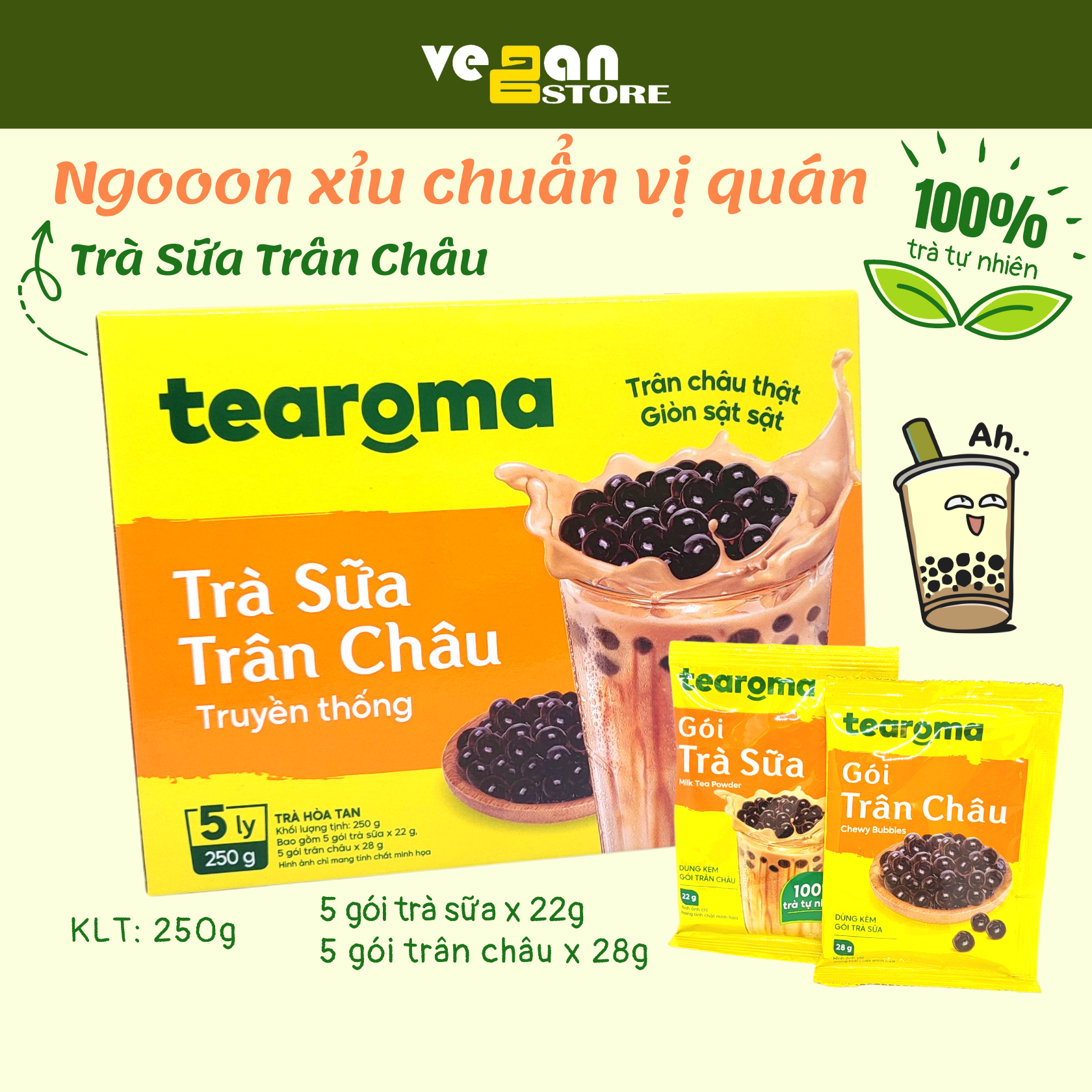 Date xa 5 - 2024 - trà sữa trân châu tearoma truyền thống hộp 5 ly x 250g, 5 gói trà sữa x 22g, 5 gói trân châu x 28g