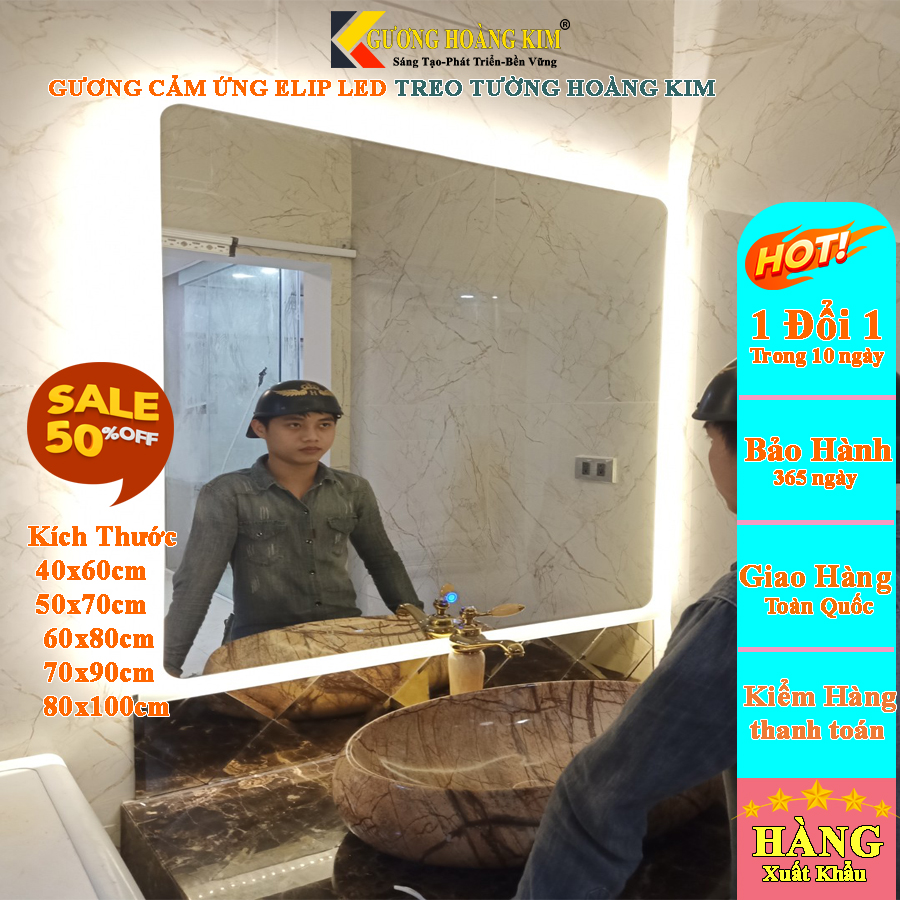Gương led phòng tắm chữ nhật không viền trang điểm treo tương cảm ứng thông minh  kích thước 70x100 cm- guonghoangkim mirror