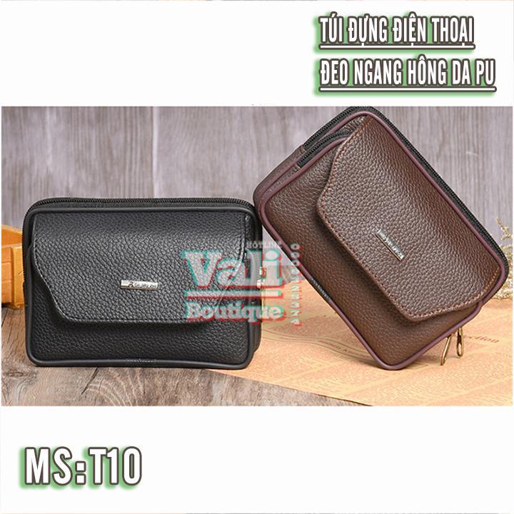 [HCM]Túi đựng điện thoại da PU đeo ngang hông kiểu ngang T10 nắp gập 2 ngăn - Túi đeo thắt lưng giả da PU kiểu ngang - đen nâu.
