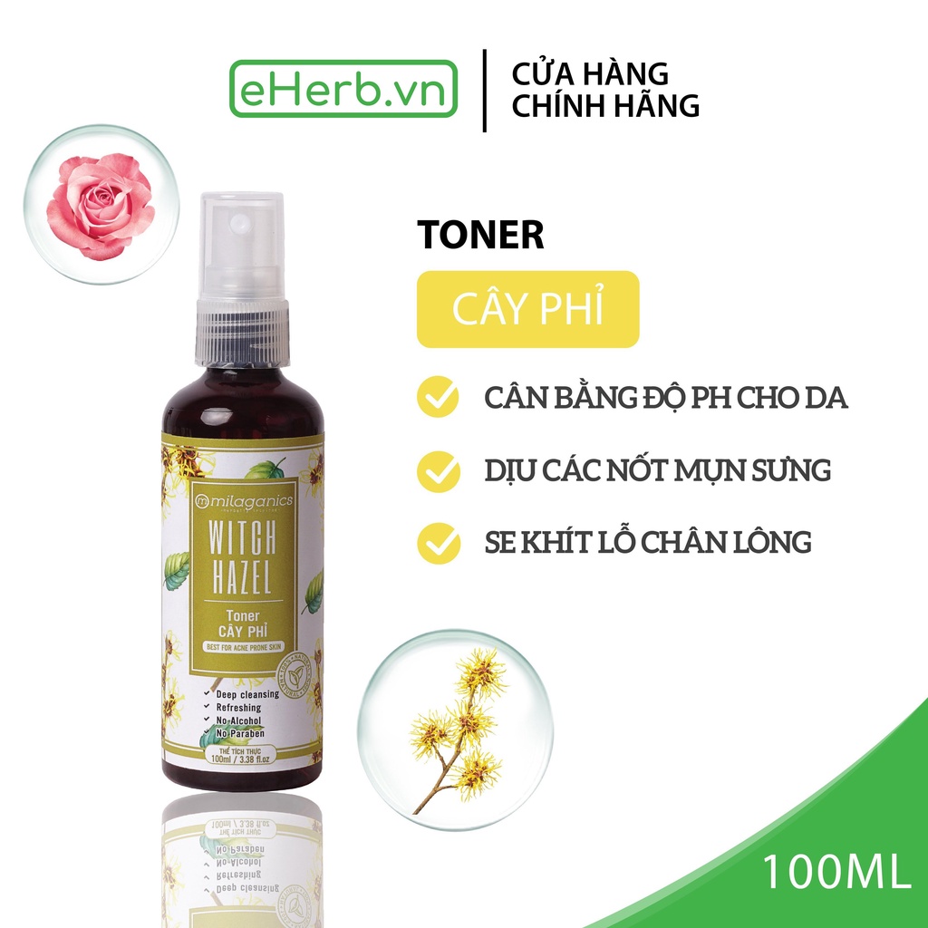 Toner Cây Phỉ Cân Bằng Độ PH Se Khít Lỗ Chân Lông & Phục Hồi Da Mụn Từ Chiết Xuất Cây Phỉ MILAGANICS 100ml (Chai)