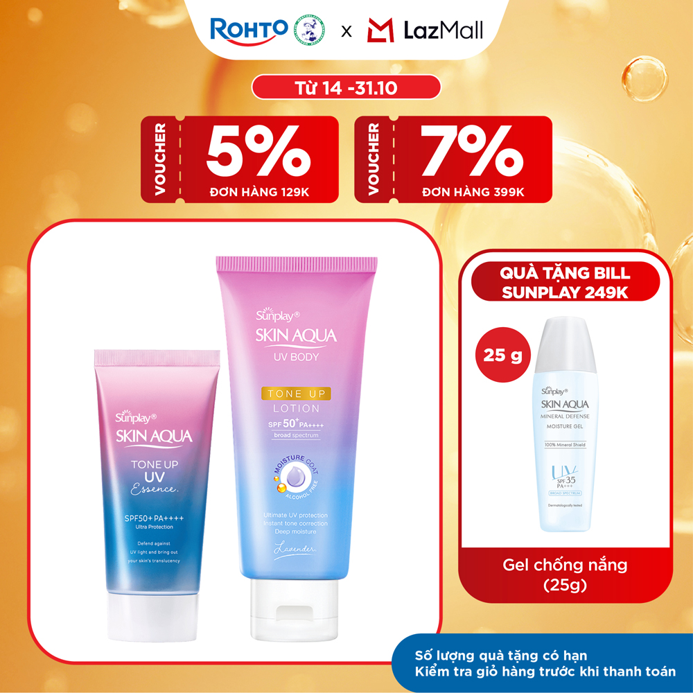 [VB] Bộ đôi chống nắng - nâng tông toàn diện cho mặt và cơ thể Sunplay Skin Aqua Tone Up (Kem chống nắng dạng tinh chất cho da khô, da thường 50g + Lotion chống nắng nâng tông 130g)