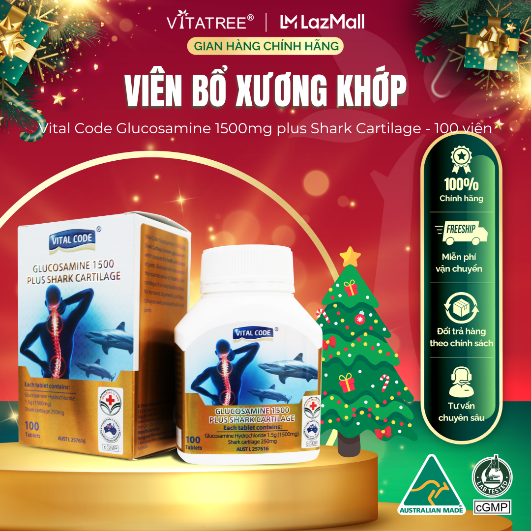 Viên uống bổ xương khớp Vitatree Vital Code Glucosamine 1500mg plus Shark Cartilage hộp 100 viên