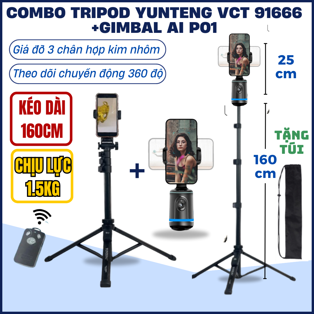 Gimbal AI Theo Dõi Khuôn Mặt Thông Minh Q02 - Gậy Livestream Tripod Điện Thoại Máy Ảnh 3 Chân Yunteng VCT-91666 Quay Video Chụp Hình Xoay 360 Độ Chống Rung Có Remote Đèn LED Điều Khiển Cử Chỉ